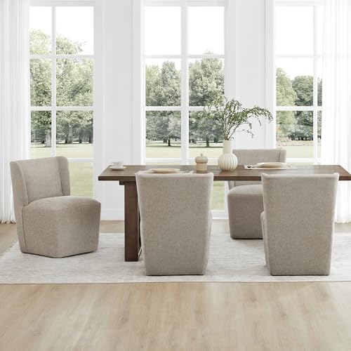 Image of KISLOT Upholstered Dining Chairs Set of 4 with Casters, Wingback Modern Side Armless Deskchair with Rollers for Diningroom Bedroom Livingroom Reading Room, Khaki Fabric