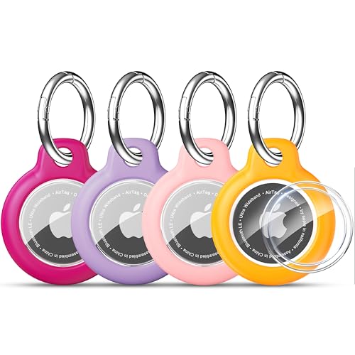 Image of RFUNGUANGO Apple AirTag Holder with Key Ring 4 Pack AirTag Case | Hard Protective AirTag Case for Kid, Pet, Luggage, Backpack, Key - Yellow /Pink /Purple /Rosered