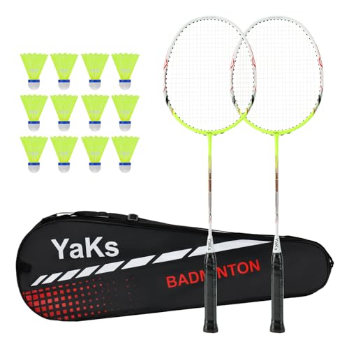 YAKS Set of 2 3U Green White Full Carbon Badminton Racket - Lightweight & high Performance for Sports, Training and Entertainment Including 12 Badminton & Carrying Bag