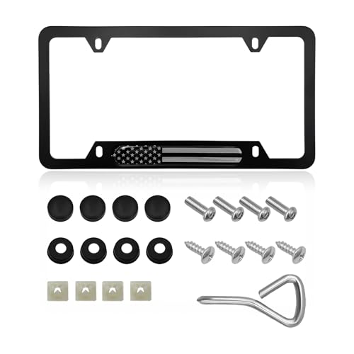 Image of Flag License Plate Frame, American Flag Patriotic Stainless Steel Auto Plate Cover, Vintage US Rust-Proof Vehicle License Plate Holder, Universal Car Accessories (Black)