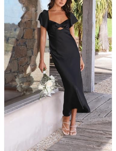 Image of Summer Satin Flutter Sleeve Wedding Guest Dresses for Women Sweetheart Neckline Cutout Tie Back Midi Cocktail Dress