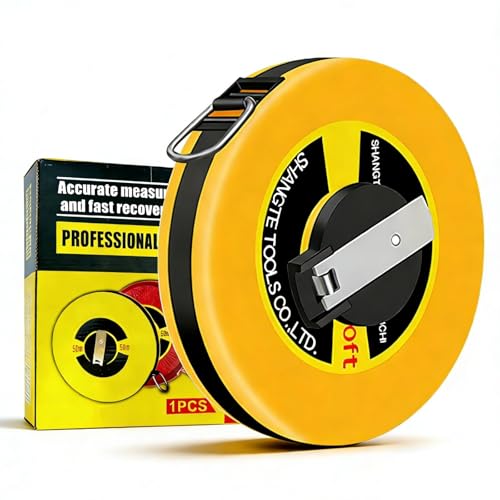 Uadme 50m Long Measuring Tape, Flexible Fiberglass Dual Inch/Metric, Closed Reel Tape Measure with Metal Ring for Quick Attachment, for Building Requirements Surveyors Engineers Site Use Measurements