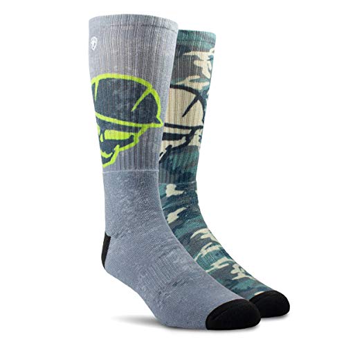 ARIAT Graphic Crew Socks, 2 Pairs Roughneck Grey/Green MEDIUM