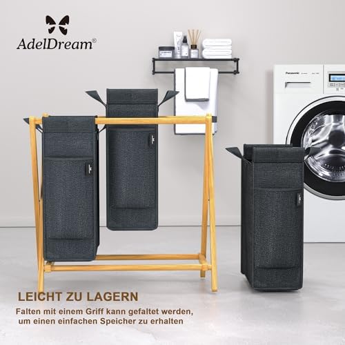 AdelDream Laundry Hamper 3 Compartments Bamboo Laundry Hamper Laundry Sorting System X-Shaped Laundry Baskets Laundry Sorter 150L Gray