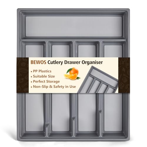 BEWOS 5-Compartment Cutlery Drawer Organiser, Plastic Cutlery Tray for Kitchen Utensil Storage, BPA Free & Non-Slip, Drawer Organiser with Dedicated Sections for Spoons, Forks, Knives(Grey)