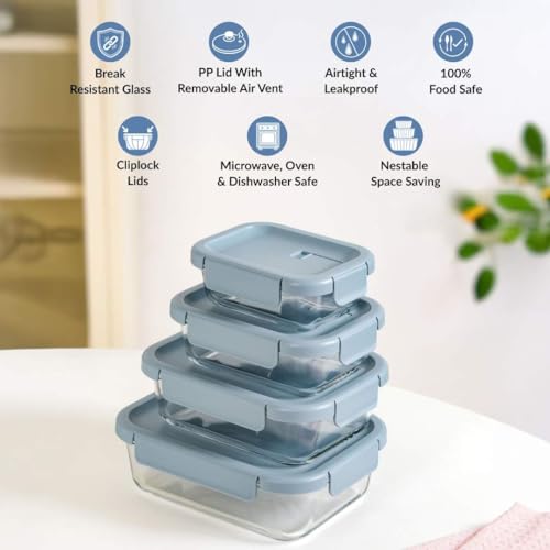 Image of Nestasia Borosilicate Glass Containers with Clip Locks Set of 4 (370ml, 660ml, 1L, 1.5L) - Airtight & Leakproof Containers with Air Vent Lid for Fridge Storage | Microwave & Dishwasher Safe (Blue)