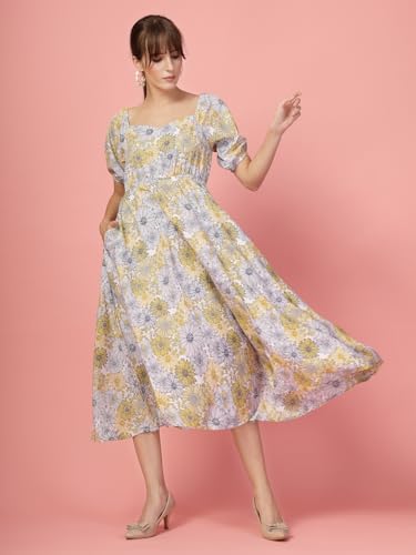 Image of OOMPH! Below Knee Shift Pink Dress in Crepe Fabric with Round Neck and Puff Sleeves - md619l