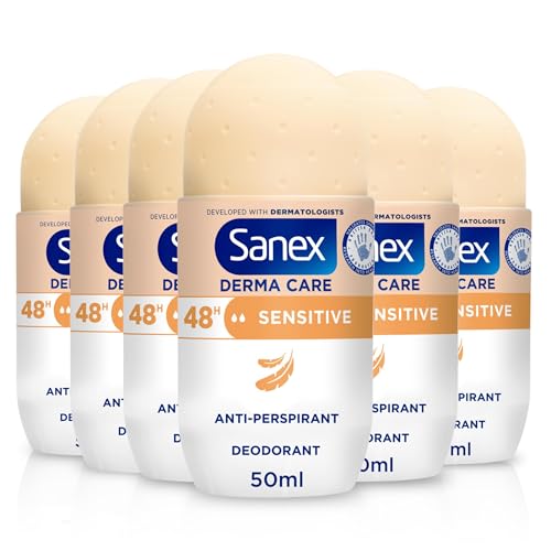 Sanex Derma Care Sensitive 48-Hour Antiperspirant Roll-On Deodorant 6x50ml – long-lasting freshness against sweat and odour – gently cares for skin – contains 0% alcohol*