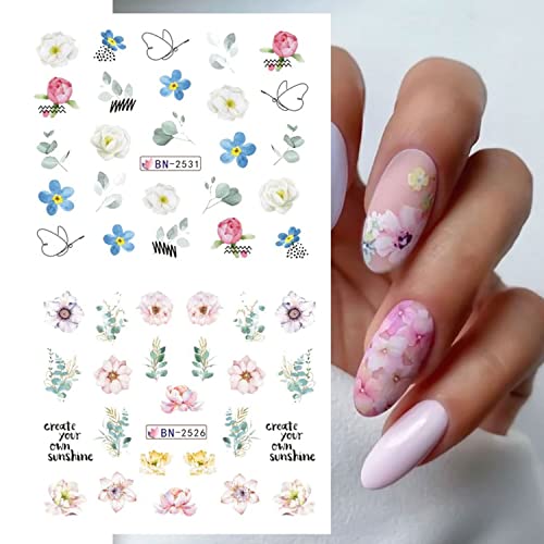 White Flower Nail Art Stickers Spring Summer Water Transferr Nail Stickers Decal Blossom Flower Leaves Nail Design For Acrylic Nail- Nail Art Decoration Supplies Wraps For Women Girls Manicure Decor 12 Sheets #TOP5