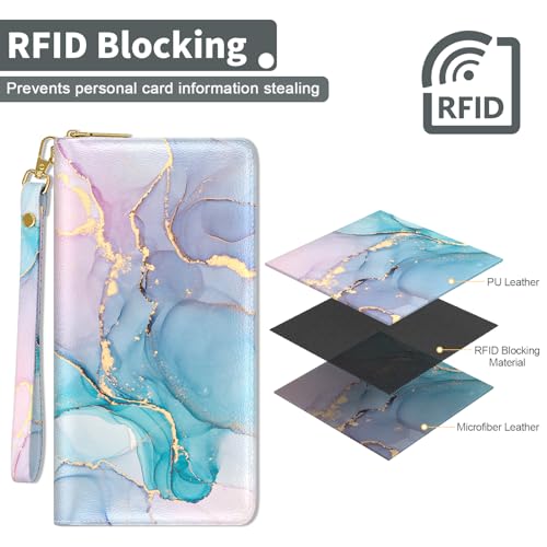 Image of Nipichsha Womens Wallet, RFID Wristlet Wallet for Women, Cute Ladies Purse, Large Credit Card Clutch Wallets with Zipper & Phone Holder, Colorful Ink Marble, Marble
