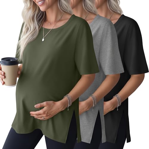 Baggyfly 3 Pack Women's Maternity Shirts Short Sleeve Round Neck Side Split Pregnancy Tops Loose Summer Casual Mama Clothes(Army Green, Light Mixed Gray, Black,Large)