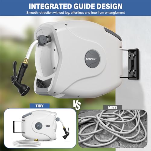 Efurden Retractable Hose Reel, 5/8 Inch x 82 Ft Wall Mounted Garden Hose Reel, Heavy Duty Hose Reel Fitting 8 Pattern Nozzle, Lock at Any Length and Automatic Rewind, 180 Deg Swivel Metal Bracket - Thumbnail 2