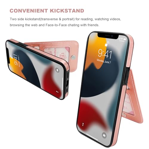 Image of KIHUWEY for iPhone 13 Pro Case Wallet Compatible with MagSafe Wireless Charging, Credit Card Holder, RFID Flip Leather Magnetic Clasp Kickstand Heavy Duty Protective Cover 6.1 Inch (Rose Gold)