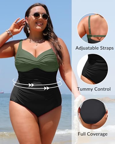 Image of Women Plus Size One Piece Swimsuits Tummy Control Twist Front Bathing Suit | Unremovable Bra, Sweetheart Neckline, Wide Adjustable Straps, Ruched Stomach, Side-Splicing Design, Full Coverage Bottom