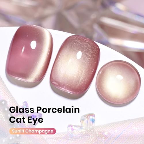 Image of Beetles Sunlit Champagne Pink Cat Eye Gel Nail Polish - 15ML's Day Pink Cat Eye with Gold Powder Magnetic Glitter Gel Polish Glass Effect Soak Off UV DIY Nail Art Gift for Women