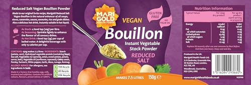 Marigold Reduced Salt Vegetable Bouillon Powder, 150g – Instant Vegan Stock Powder, 37% Less Salt, Natural Ingredients, Gluten-Free – Perfect for Soups, Stews & Sauces.