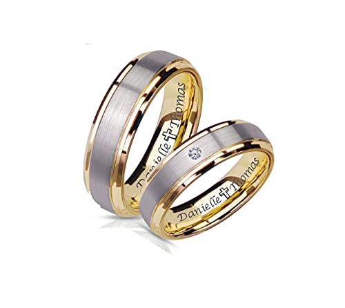 Personalized Two Tone Brushed Silver & Gold Ring Set Custom Engraved Free In Any Language - Couple's Ring Set - Wedding Band Set - Ships From USA3