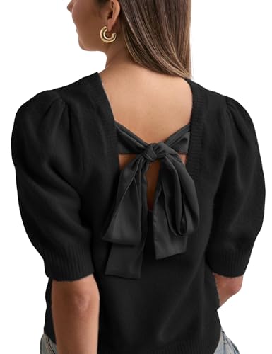 Image of Lentta Women's Bow Knit Sweater Trendy Backless Tie Puff Short Sleeve Crewneck Knitted Pullover Tops