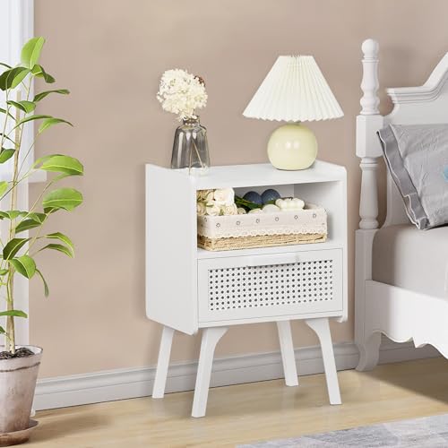 Image of Lerliuo Rattan Nightstands Set of 2, Side Table with Drawer Open Shelf, Cane Accent Bedside End Table with Solid Wood Legs, Mid Century Modern Night Stand for Bedroom, Dorm and Small Spaces (White)