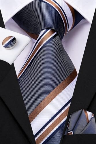Image of Dubulle Mens Paisley Striped Tie Woven Necktie for Men and Handkerchief Cufflinks Set Wedding Formal Business