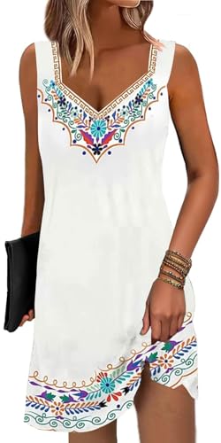 Image of SAUKOLE Summer Dresses for Women Casual Sleeveless Tank Dress Fashion V Neck Flowy Short Sundress
