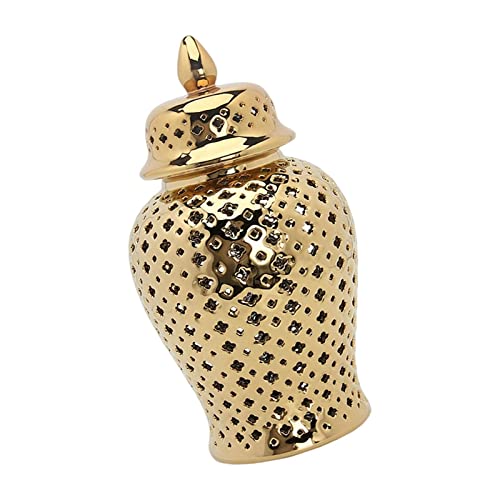 Ceramic Ginger Jar, Light Luxury Pierced Gold Collectable Decorative Lattice for Ornament Home Decoration Cafe Gift Storage