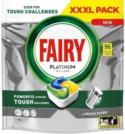 Fairy Platinum All In One, Kapsułki do Zmywarki, Cytrynowe, 96 sztuk, Skoncentrowane, 3w1 z Nabłyszczaczem i Solą