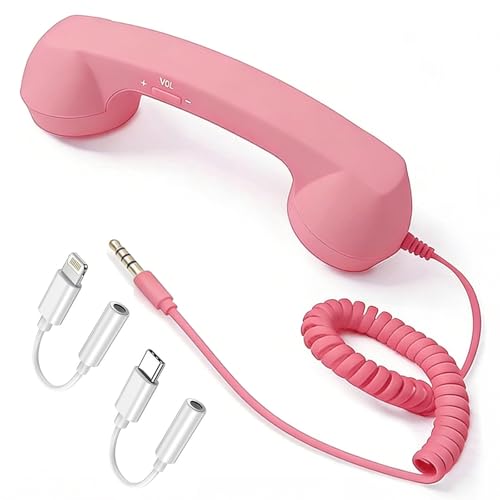 Retro Handset for Mobile Phones, Classic Wired Phone Handset with 3.5mm Jack, with Type-C & Lightning-Port Connector | Vintage Landline-Style Call Receiver, Comfortable Grip, Stylish Phone (Pink) by FTNA - Used condition - US$17.33