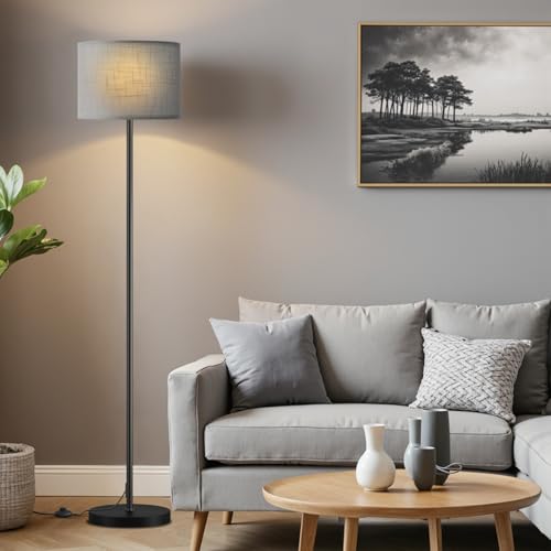 Image of Ambimall 60'' Modern Floor Lamp with Shade, Tall Lamps for Living Room, Bedroom, Office, Dining Room, Linen Grey Shade with Black Pole(Without Bulb)