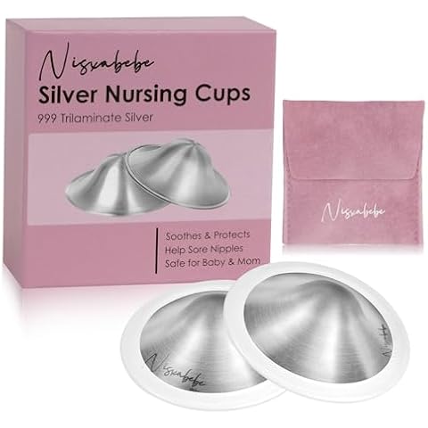 NISXABEBE The Original Silver Nursing Cups with Silicone Ring,Nipple Shields for Nursing Newborn,Breastfeeding Must Haves for Soothe and Protect Your Nursing Nipples,Trilaminate 999 Silver(X-Large) Cover