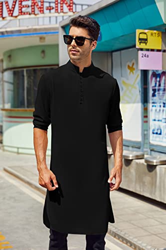 image for Taoliyuan Men's Abaya Thobe Arabic Longline Shirt Henley Kaftan Banded