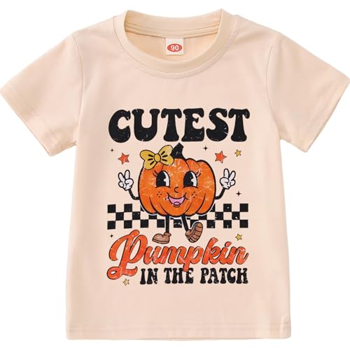 Image of BOUTIKOME Toddler Baby Girl Halloween T-Shirts Cutest Pumpkin in The Patch Graphic Shirts Kid Short Sleeve Tees Vintage Top