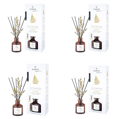 Pack de 4 Mikados Te Chai Ambar Zen – aromaterapia – Ambientador en Varillas – Difusores Aromáticos con Fragancias, Canela, Cardamomo, Jengibre, Clavo y Vainilla con Flor Decorativa 40 ml