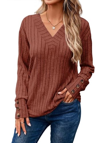 Image of Dokotoo Womens Tops V Neck Lightweight Sweater Fall Long Sleeve Top 2026 | Decorative Buttons, Soft Breathable Knit Material, Pullover Tunic Tops, Business Casual, Fall Outfits, Winter Clothing 2026