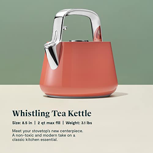 Caraway 2 Quart Whistling Tea Kettle - Durable Stainless Steel Tea Pot - Fast Boiling, Stovetop Agnostic - Non-Toxic, Ptfe & Pfoa Free - Includes Pot Holder - Perracotta #TOP1