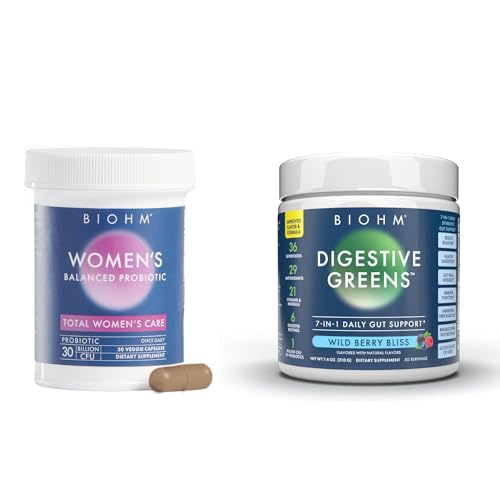 Image of BIOHM Women's Probiotics 30B CFU & Super Greens /Kids Berry Blast Bundle: Gut & Overall Health Support, 9 Strains, 30-Day Supply, Rich in Antioxidants