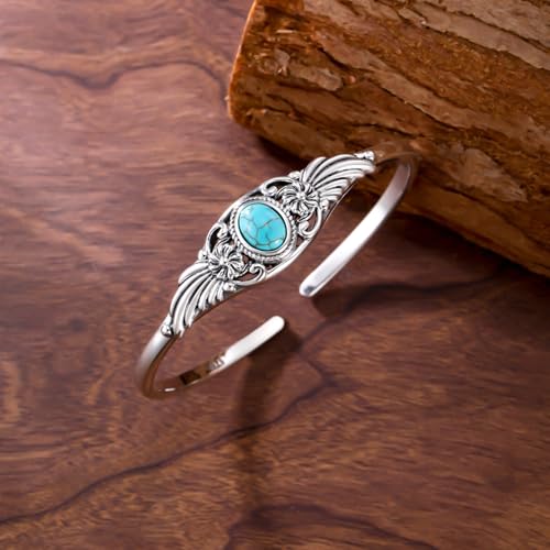 Genuine Turquoise Flower Vintage Bracelet, Sterling Silver Boho Adjustable Cuff Bangle Native American Western Jewelry for Women, Fit for 6.5 7 7.5 Inches 6