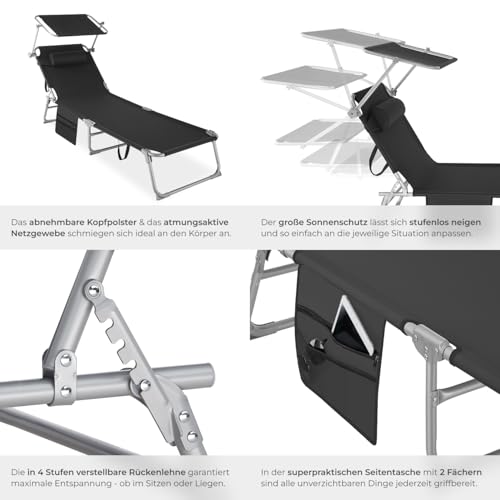 tectake® Sonnenliege klappbar, tragbar, Liege mit Seitentasche, Strandliege, Gartenliege mit Dach, Liegestuhl mit Verstellbarer Rückenlehne, inkl. Kopfkissen - für Balkon, Terrasse, Camping - schwarz