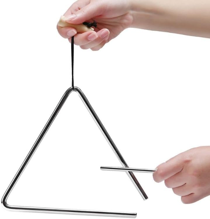 Steel Triangle Percussion Instrument with Striker 4 Inch Metal Music Triangle Handheld Rhythm Instrument for Band Orchestra Practice Recording Performance Use (6 Inches)