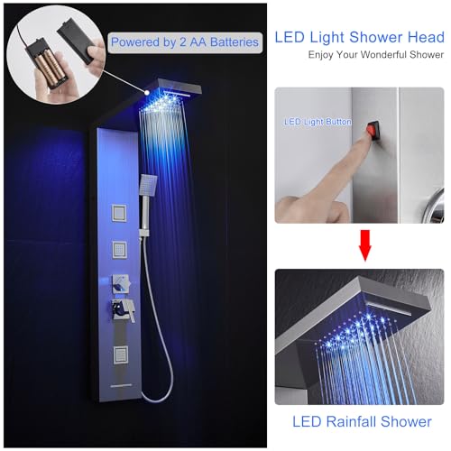 MENATT Shower Panel Tower System with LED Lights, 5 In 1 Shower Panel with Rainfall and Waterfall Shower Head, 3 pcs Massage Spray, Handheld Shower, Waterfall Tub Spout - Image 4