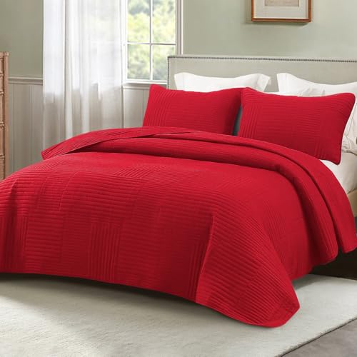 Whale Flotilla Ultra Soft Twin Quilt Bedding Set Lightweight Microfiber Red Quilts Bedspreads Twin Size 2 Piece Ultrasonic Geometric Coverlet Bed Cover for All Seasons