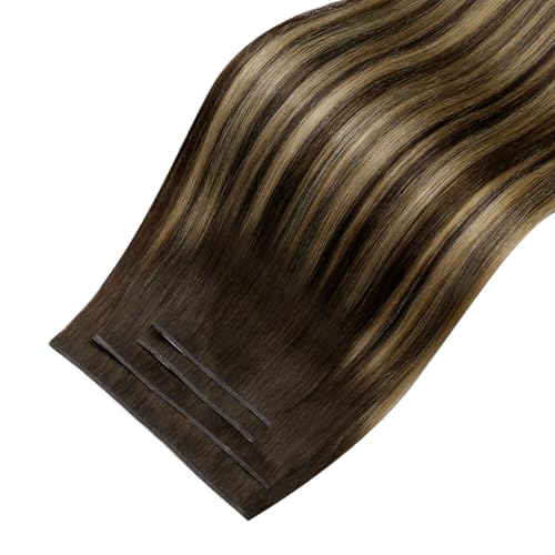 Image of LaaVoo Ombre Tape in Weft Hair Extensions Real Human Hair Tape in Weft Extensions Balayage Dark Brown Genius PU Tape on Hair Extension Human Hair 22inch 120g 4pcs