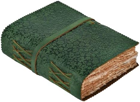 Leather Bound Floral Embossed Journal for Women Men - 200 Pages, 6”X4”(A6), Green - Book of Shadows, Vintage Watercolor Paper, Notebook for Writing, Drawing, Sketchbook By LEATHER VILLAGE