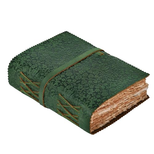Image of LEATHER VILLAGE Leather Bound Floral Embossed Journal for Women Men - 200 Pages, 6”X4”(A6), Green - Book of Shadows, Vintage Blank Paper Travel Diary, Notebook for Writing, Drawing, Sketchbook