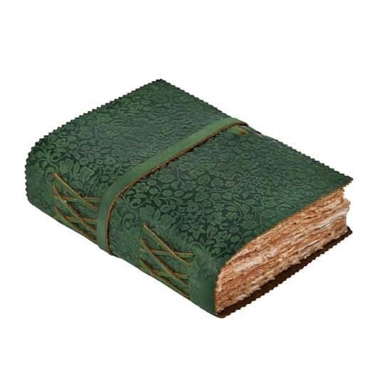 LEATHER VILLAGE Leather Bound Journal Deckle Edge Vintage Paper- Floral Embossed Book of Shadows - Leather Sketchbook - 8 inches X 6 inches Green