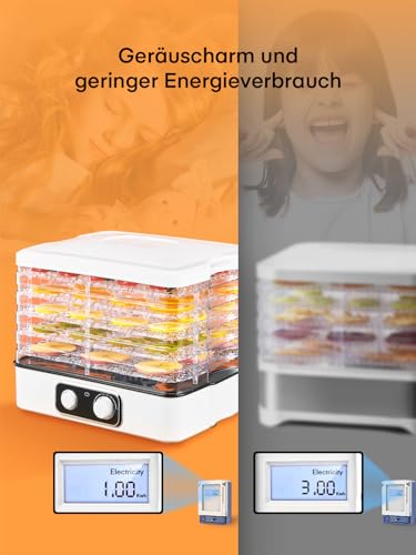 FOHERE Dörrautomat, Dörrautomaten(35-70°C) Temperatur Einstellbar, Dörrgerät für Lebensmittel Fleisch Früchte Gemüse mit 5 Einlegefächer, 360° Umwälztrocknung, für Fleisch,Obst,Haustier-Leckereiene