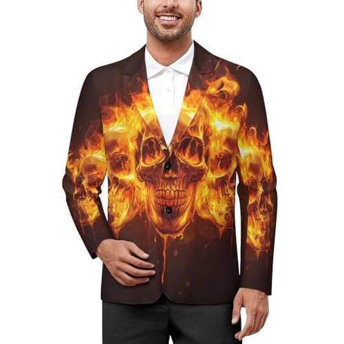 Skull and Flame Men's Slim Suit Long-Sleeve Prom Tuxedo Classic Two Button Business Jacket