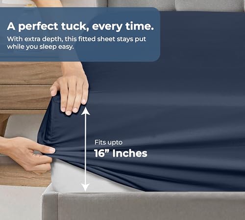 Image of ROYALE LINENS Fitted Sheet with Pillowcase - Twin Fitted Sheets with 1 Pillowcase - 300 Thread Count 100% Organic Cotton - Fit Mattress Up to 18 inch Deep - Ultra Soft & Breathable - Navy (No Flat Sheet)
