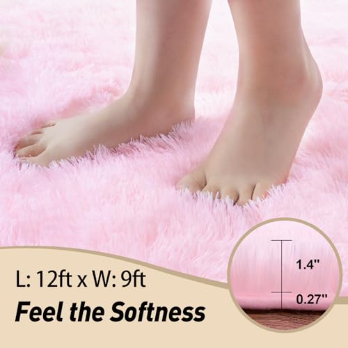 Pink Area Rugs 9x12 Living Room, Large Fluffy Rugs for Bedroom, Soft Carpet Shag Kids Room Rug, Non-Slip Fuzzy Rugs Indoor (9ft x 12ft, Pink)