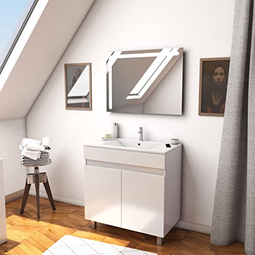 AURLANE Ensemble Meuble de Salle de Bain Blanc 60cm + Vasque ceramique Blanche + Miroir LED integree